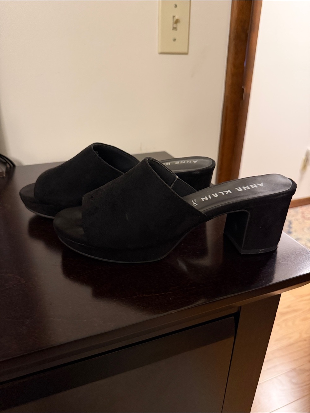 Anne Klein Black Suede Slip-On Block Heel Mules